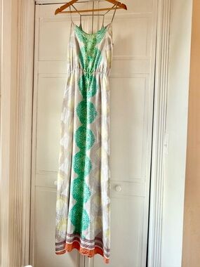 ARYNK White Maxi Dress with Green Medallion Print and Orange Hem